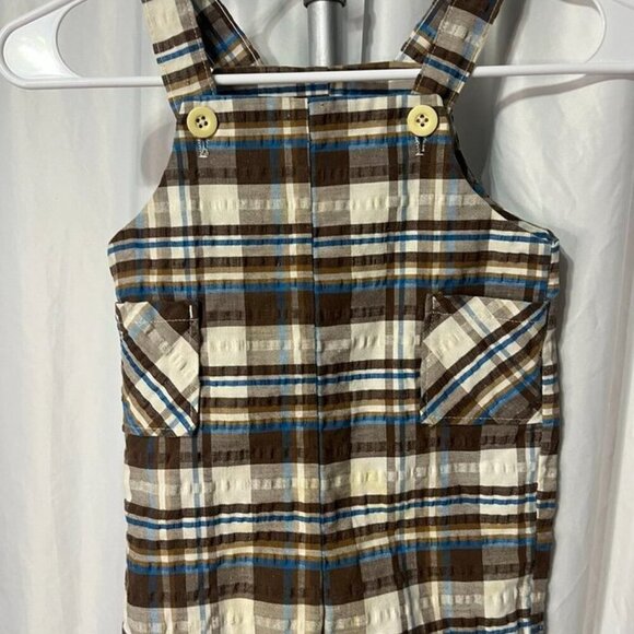 Vintage Donmoor Boys 4T Plaid Shortall Overalls Brown Blue Retro Style - Picture 7 of 7